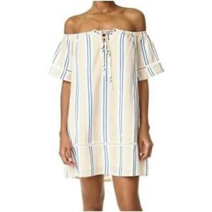 J.O.A. Los Angeles  Blue & Yellow Striped Off The Shoulder Shift Dress XS